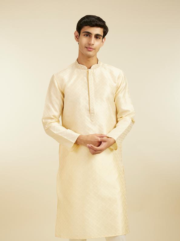Diwas Men Sand Beige Grid Patterned Kurta with Embroidered Placket