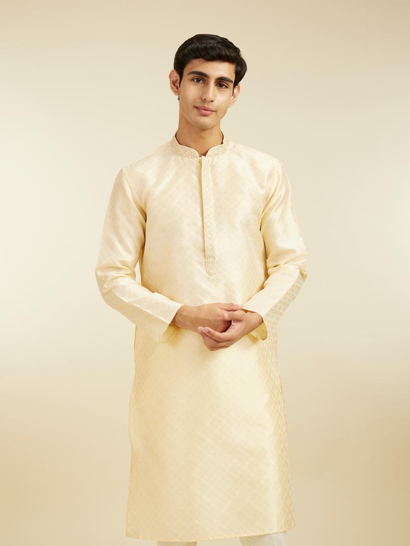 Diwas Men Sand Beige Grid Patterned Kurta with Embroidered Placket