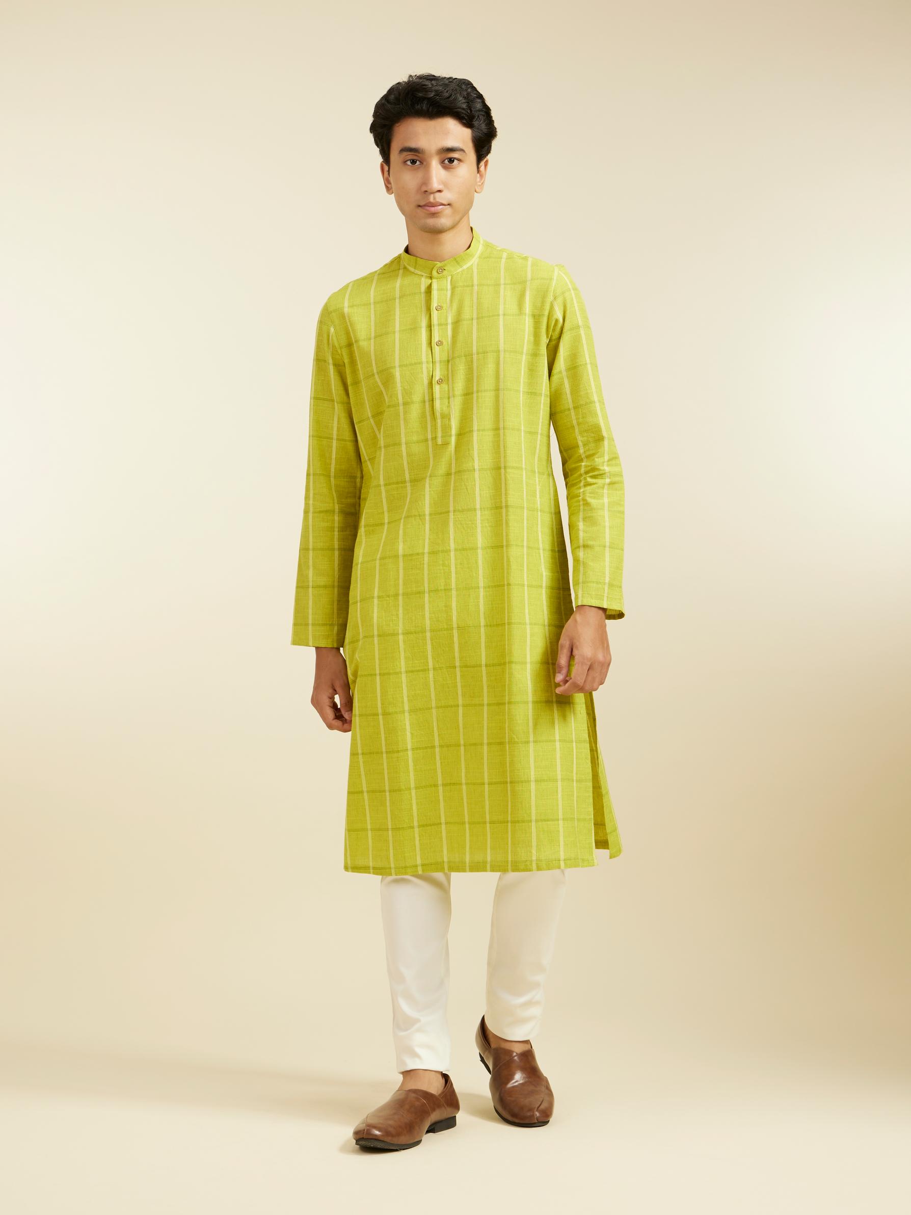 Diwas Men Soft Green Windowpane Checks Patterned Kurta