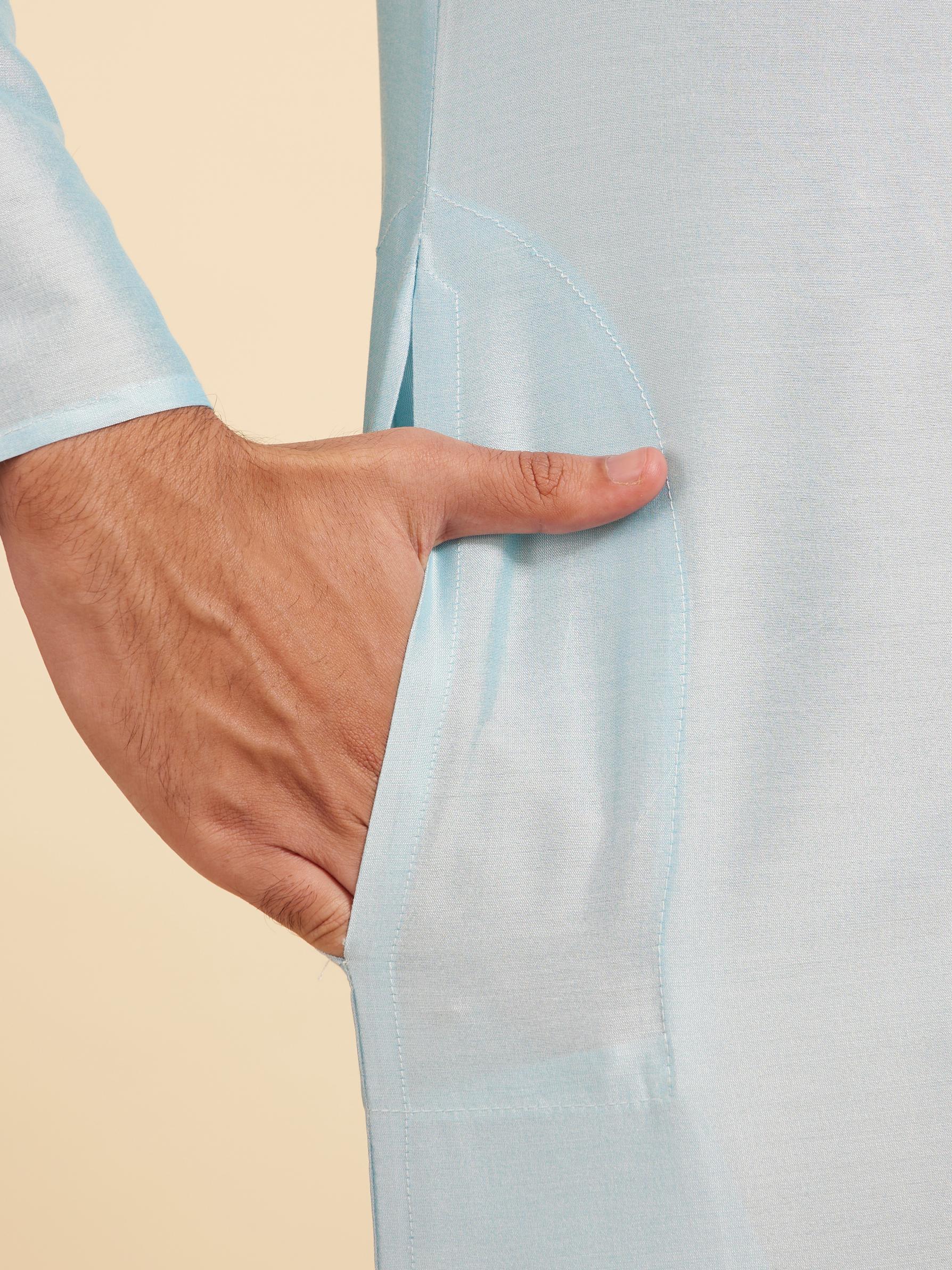 Diwas Men Powder Blue Plain Kurta with Embroidered Placket