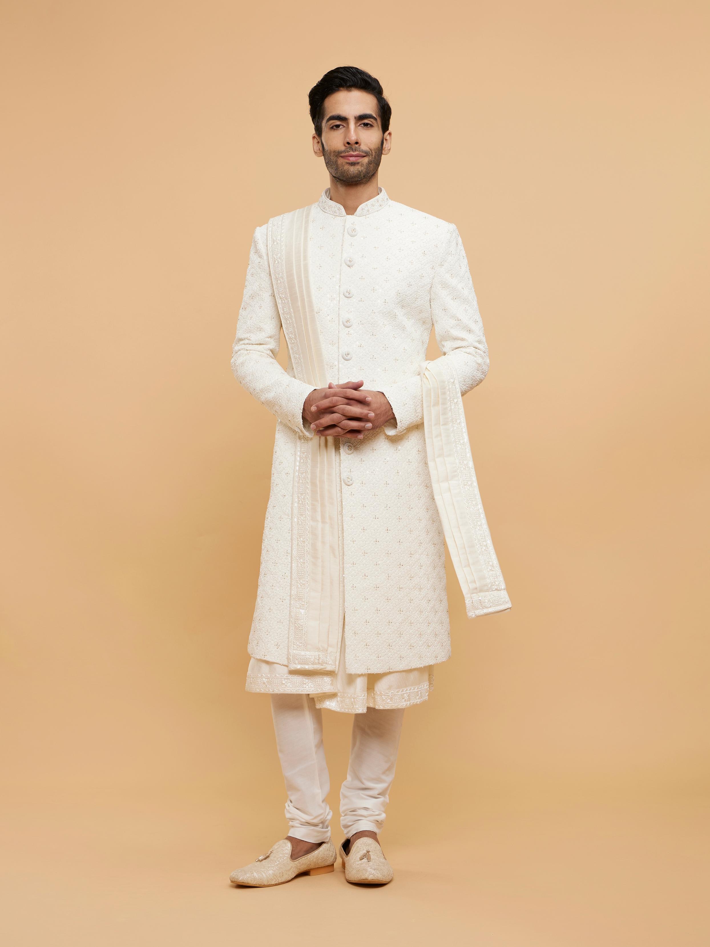 Twamev Men Warm White Jaal Patterned Sequinned Indo Western Set