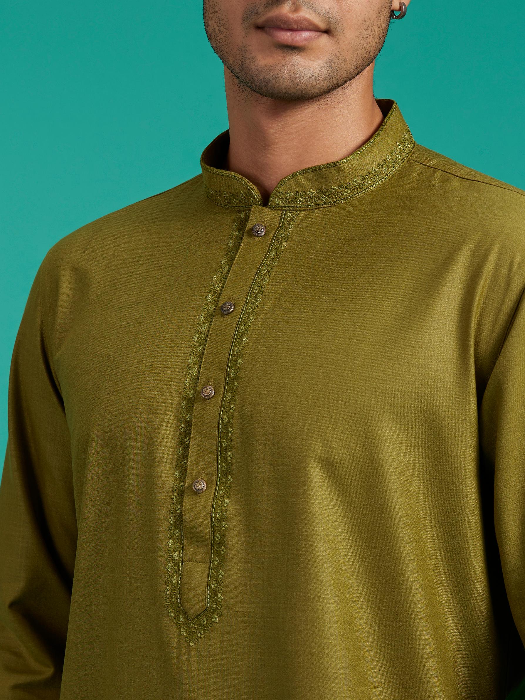 Diwas Men Olive Green Plain Classic Kurta with Embroidered Neckline