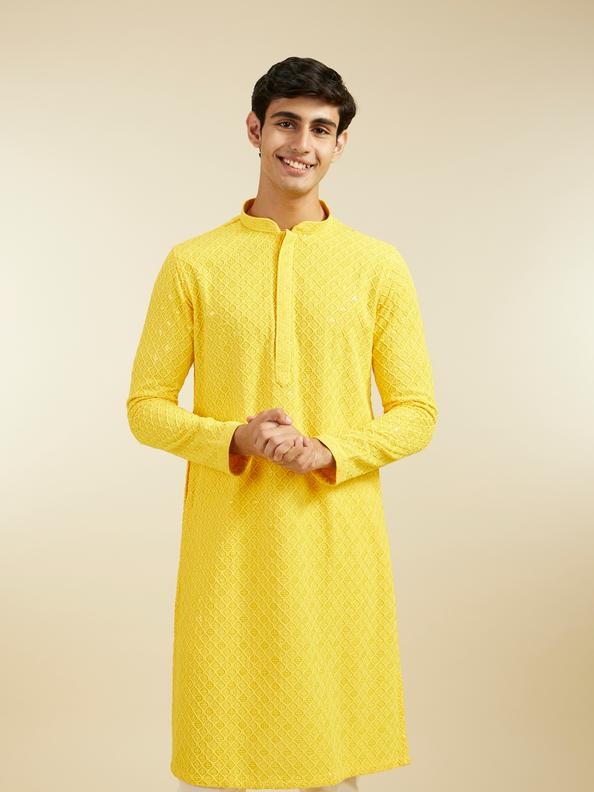 Diwas Men Sunshine Yellow Chikankari Kurta With Sequins