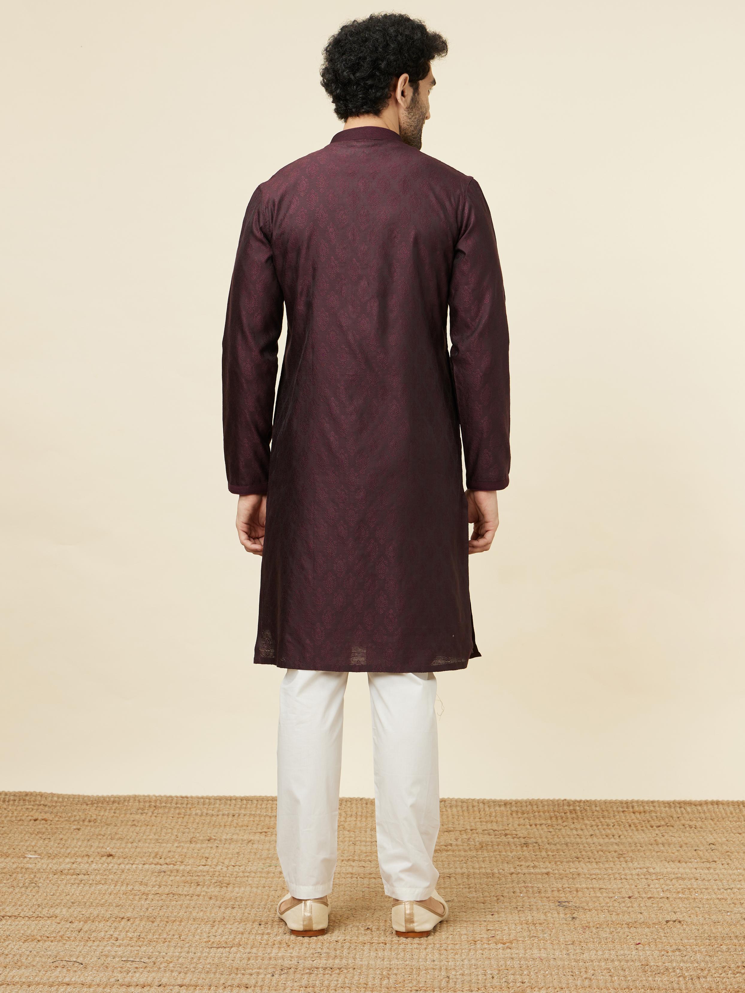 Twamev Men Wine Jacquard Kurta Set