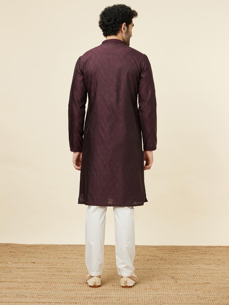 Twamev Men Wine Jacquard Kurta Set