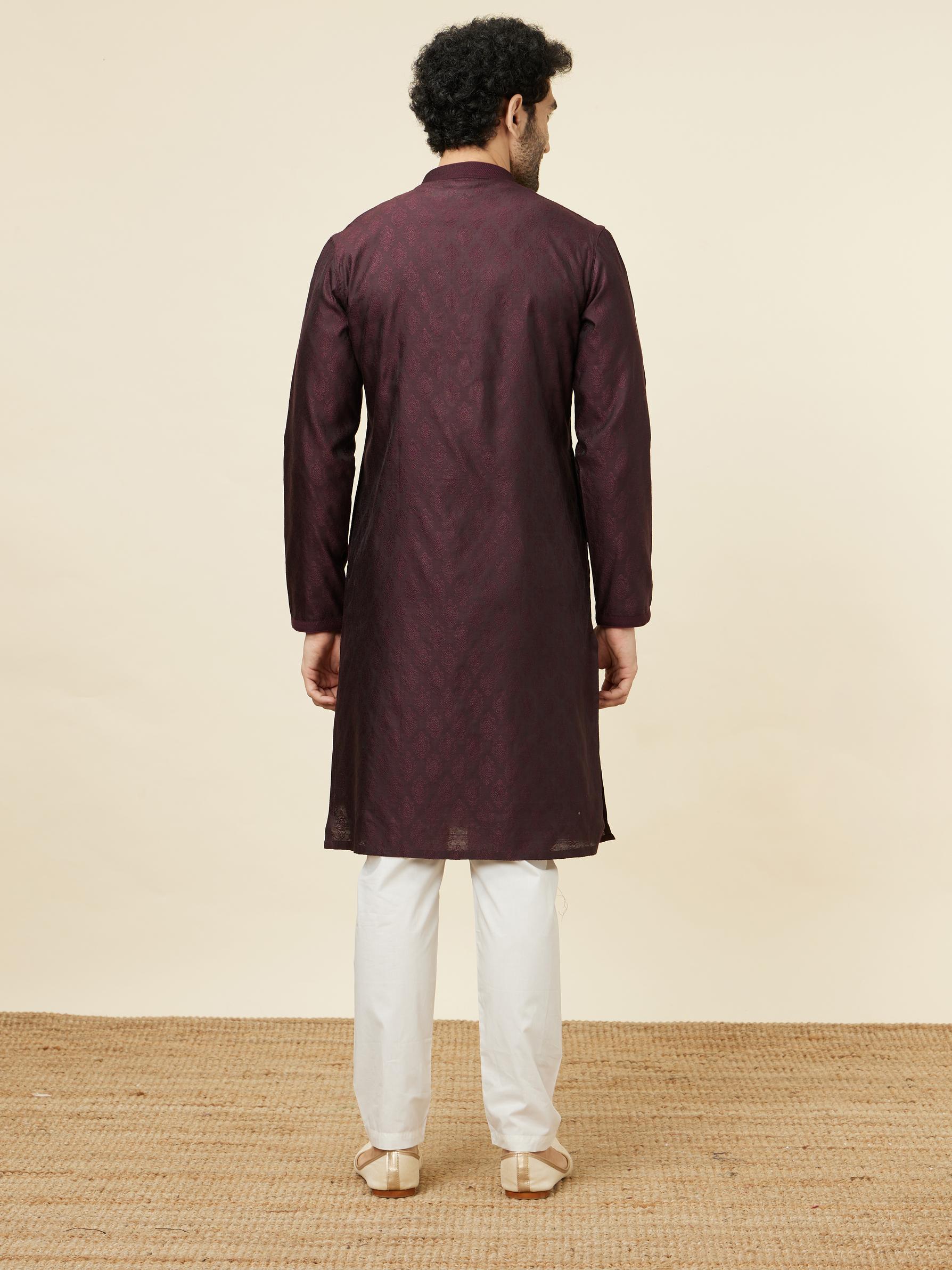Twamev Men Wine Jacquard Kurta Set