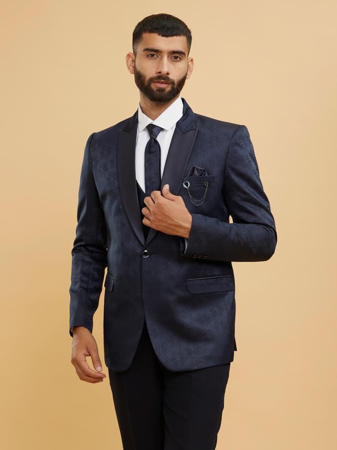 Twamev Men Navy Blue Self Patterned Tuxedo Suit Set