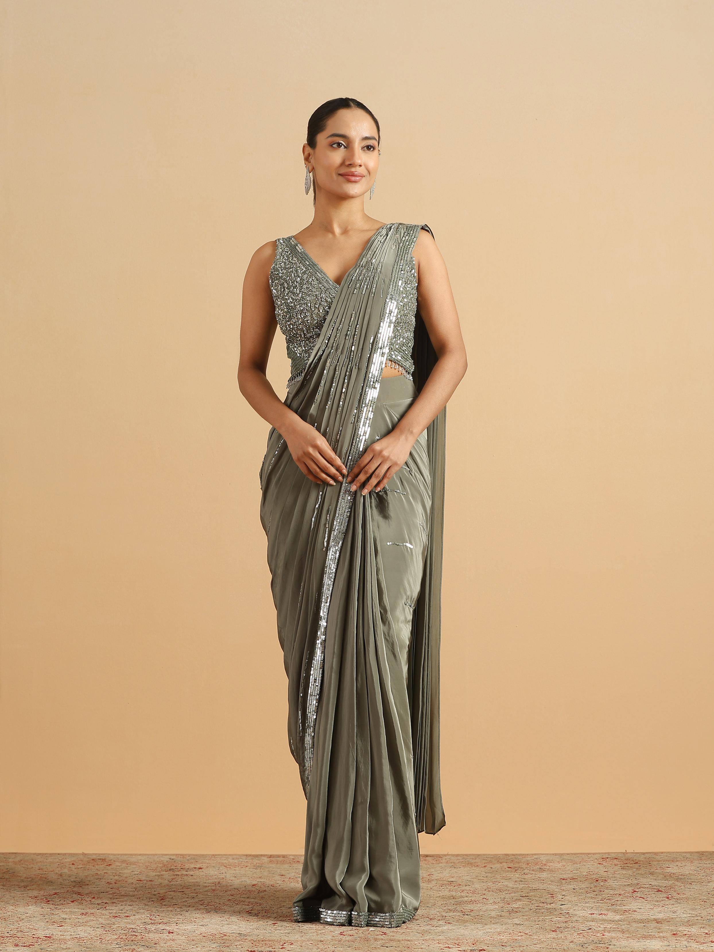 Twamev Women Sea Green Satin Party Saree