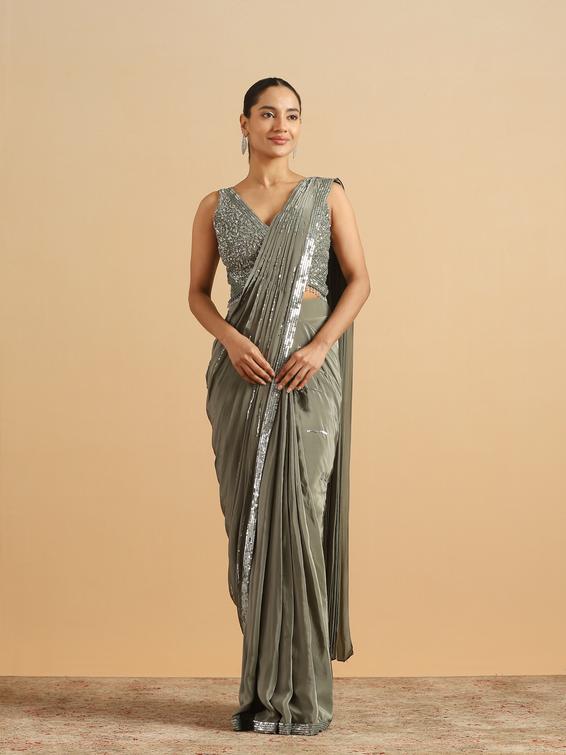 Twamev Women Sea Green Satin Party Saree