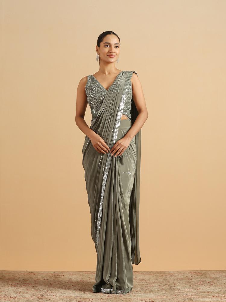 Twamev Women Sea Green Satin Party Saree