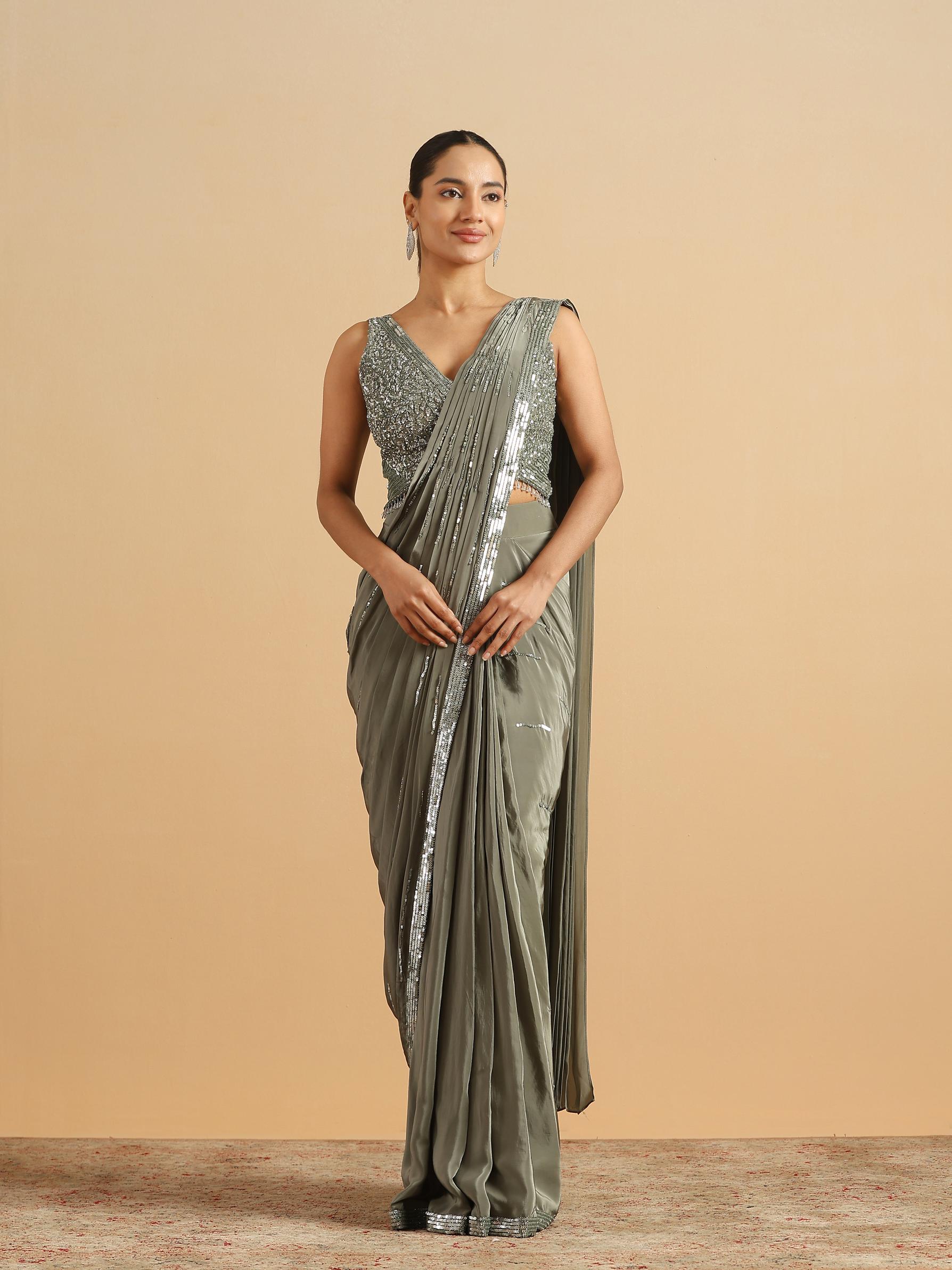 Twamev Women Sea Green Satin Party Saree