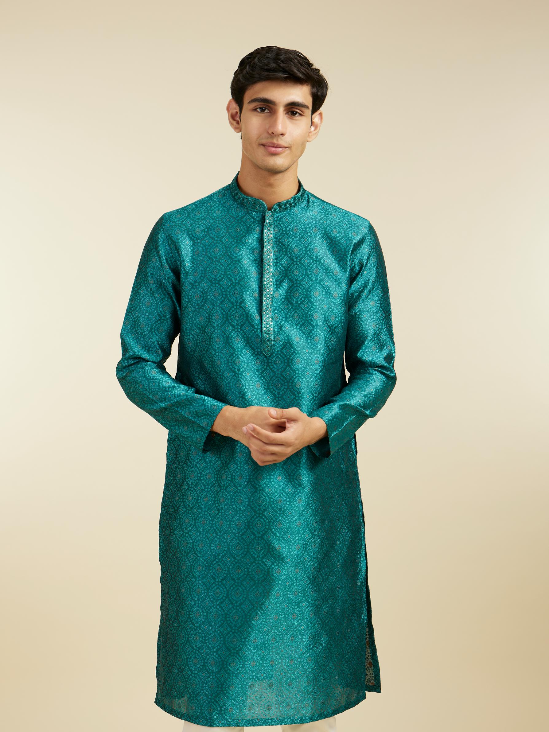 Diwas Men Teal Green Ogee Jaal Patterned Kurta