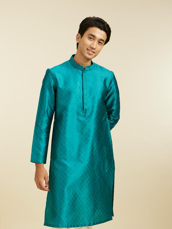 Diwas Men Teal Green Lattice Patterned Kurta