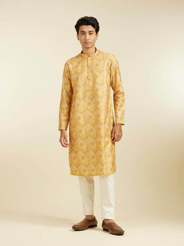 Diwas Men Mustard Yellow Abstract Floral Printed Kurta