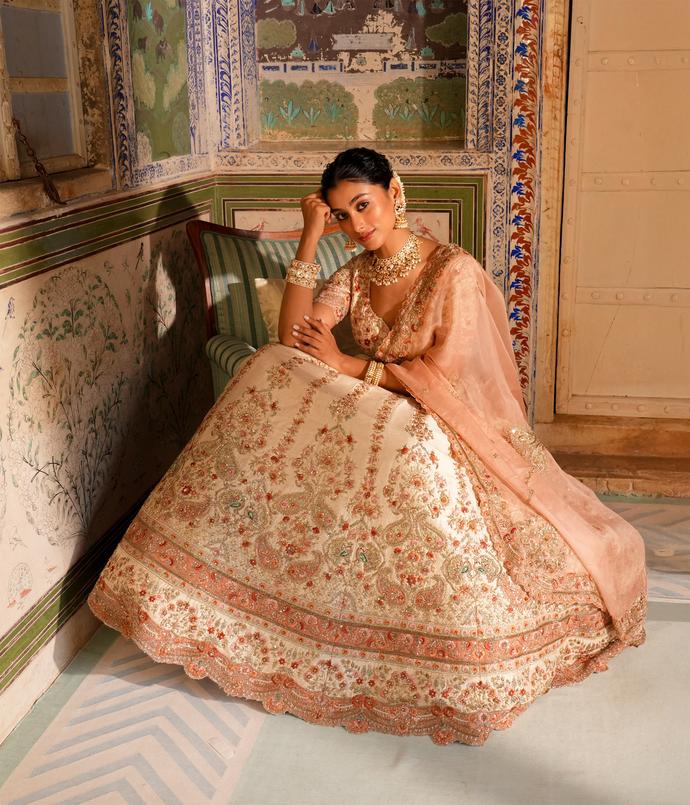 Twamev Women Cream Splendor Lehenga