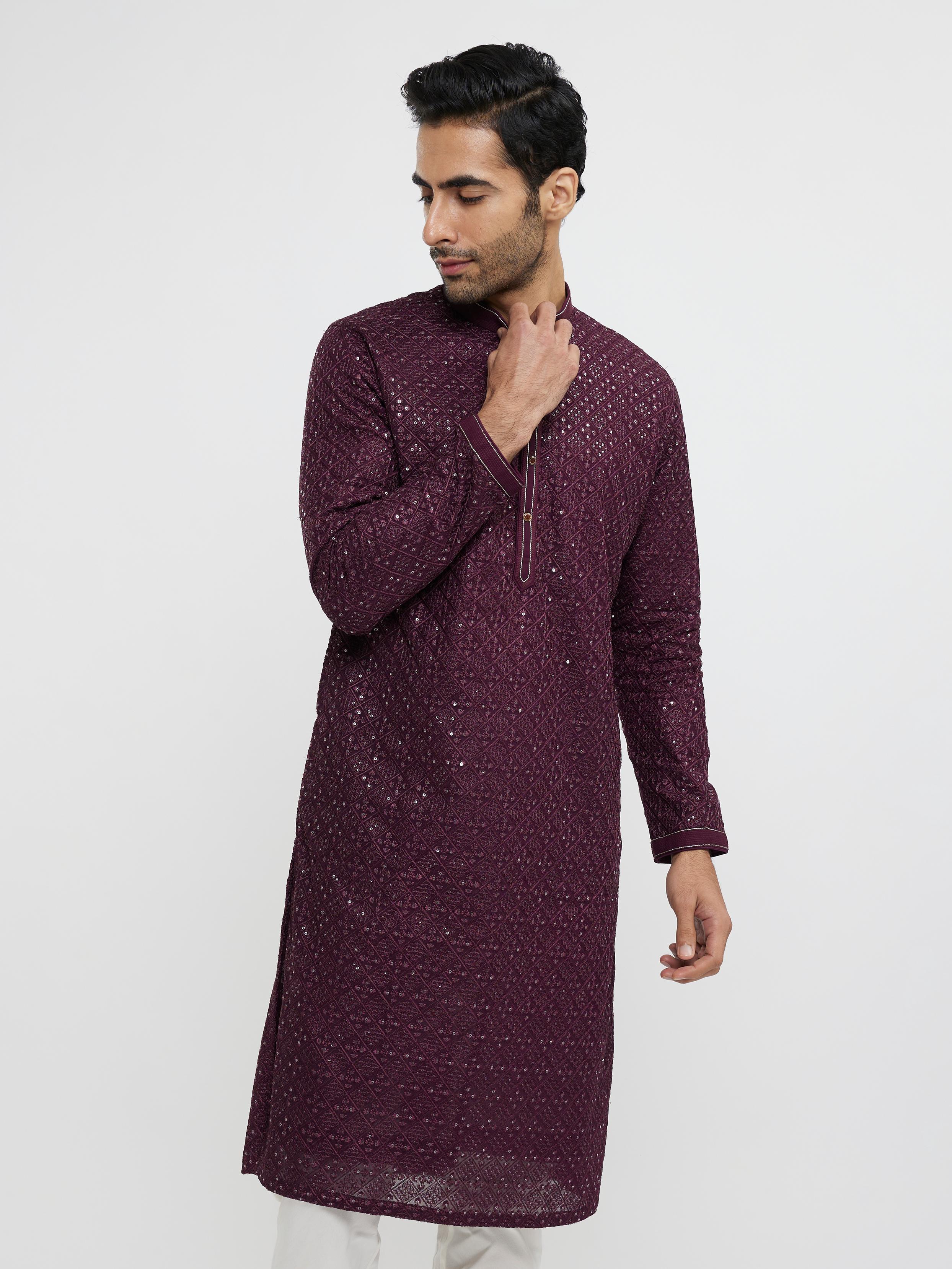 Twamev Men Wine Georgette Kurta Pajama Glamour