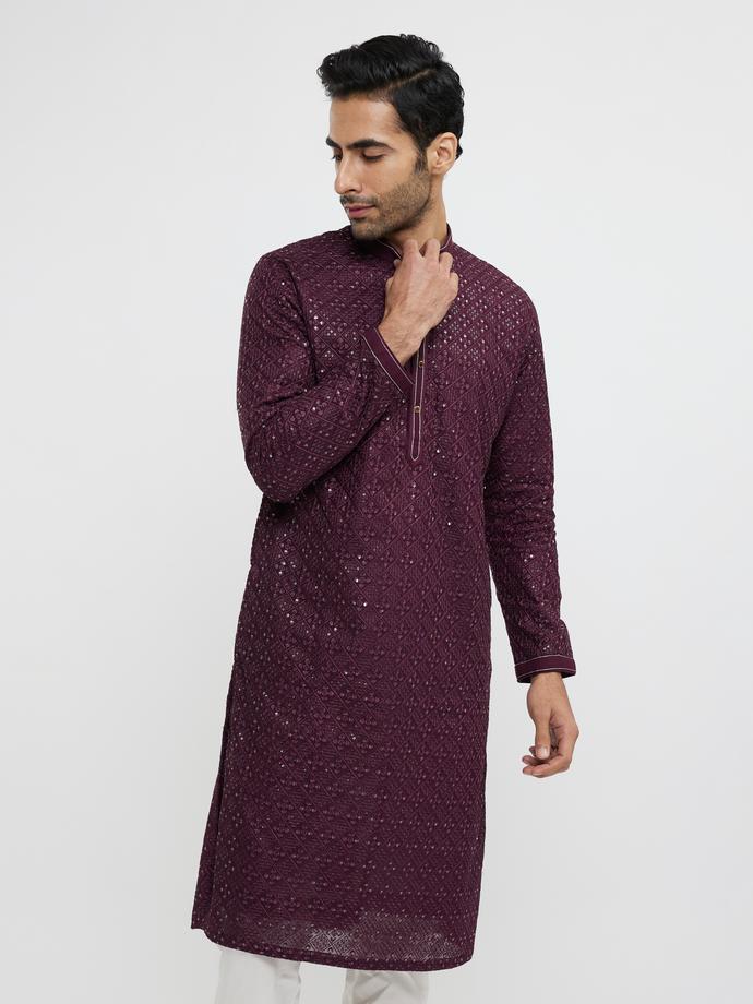 Twamev Men Wine Georgette Kurta Pajama Glamour