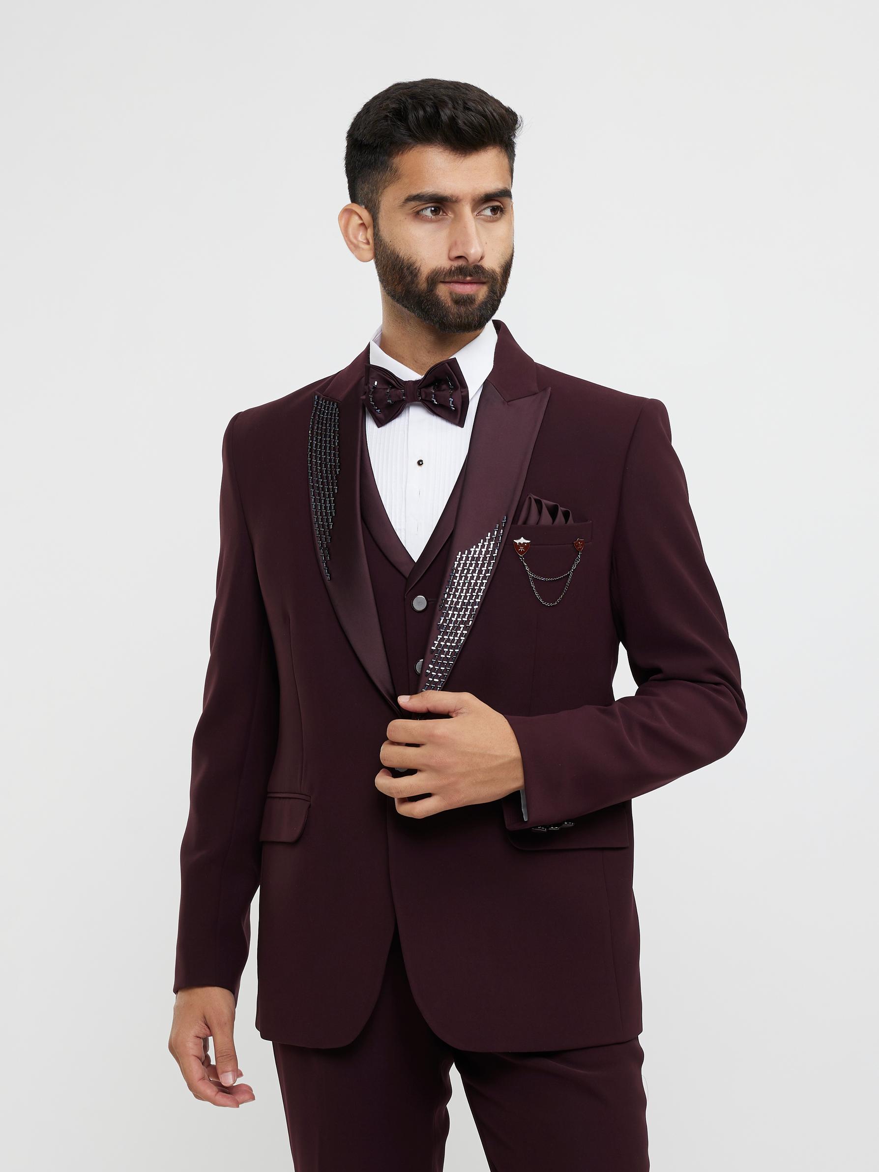 Twamev Men Wine Red Plain Classic Suit Set with Cutdana Work