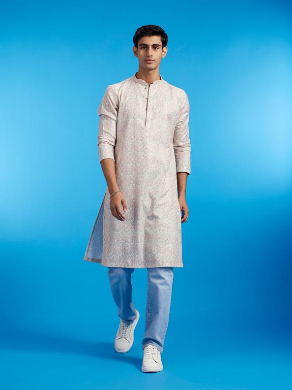 Diwas Men Cream Beige Paisley Patterned Kurta with Rhinestones