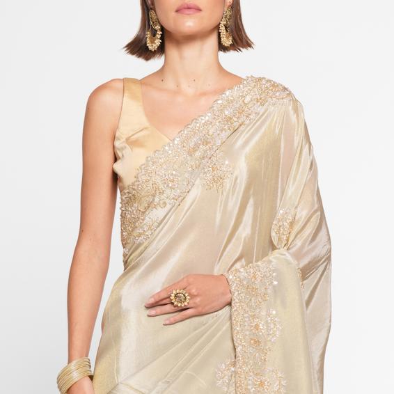 Twamev Women Elegant Cream Saree in Organza with Precise Embellishments