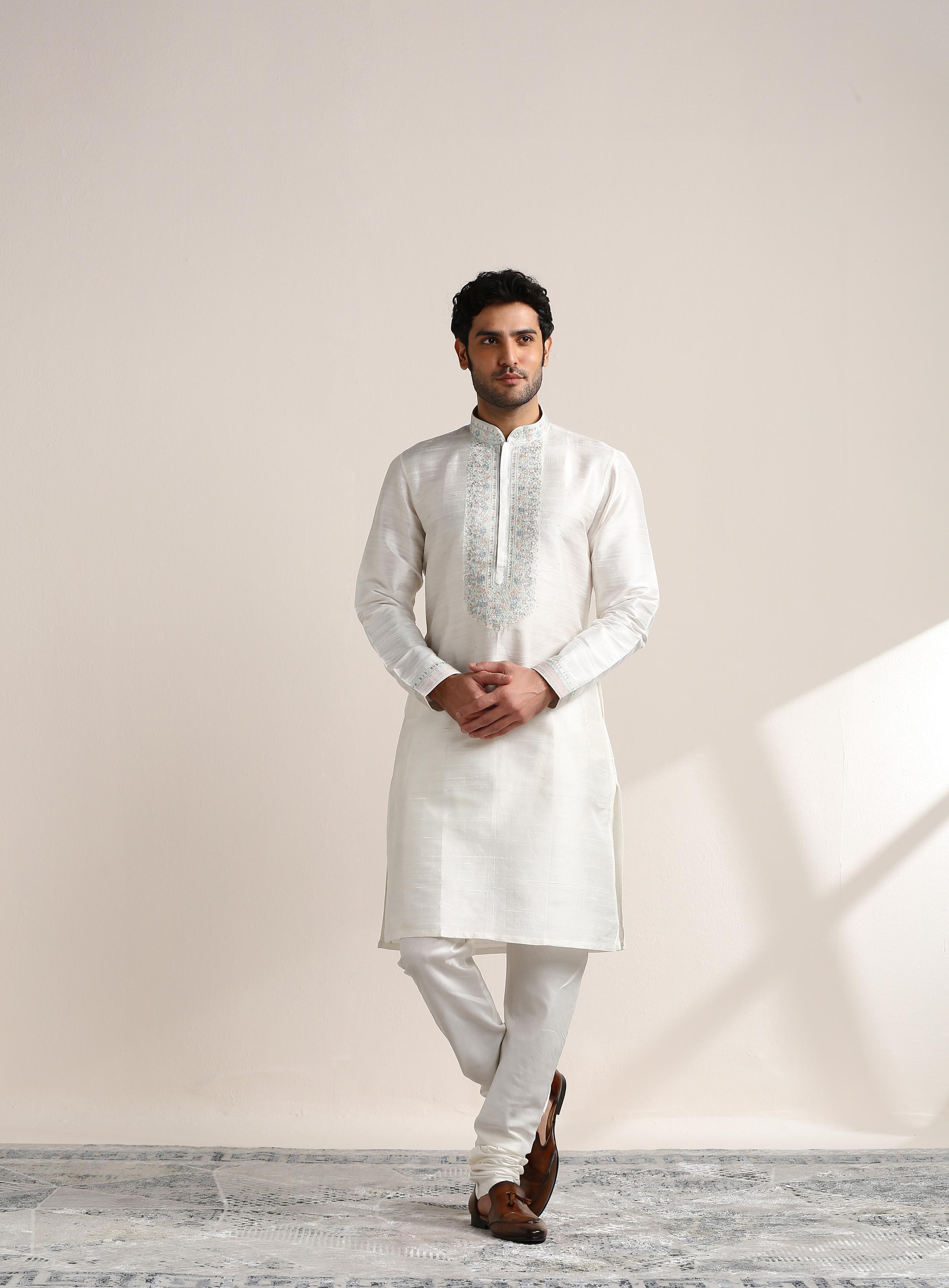 Twamev Men Pure White Embroidered Neck Kurta Set