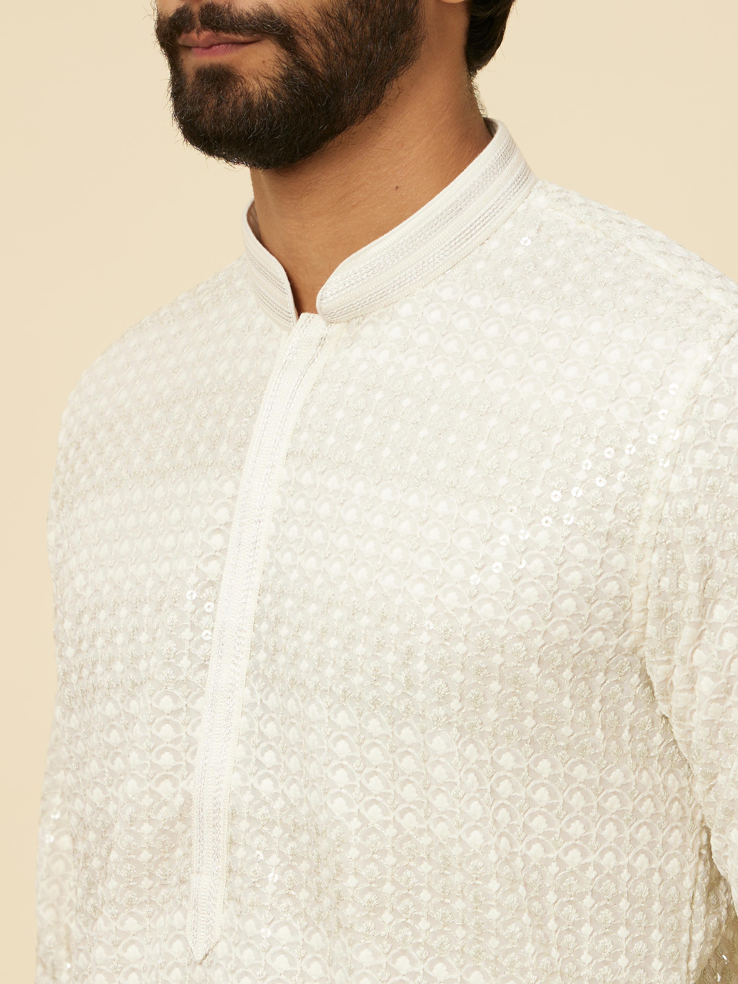 Twamev Men Warm White Self Patterned Sequinned Kurta Set