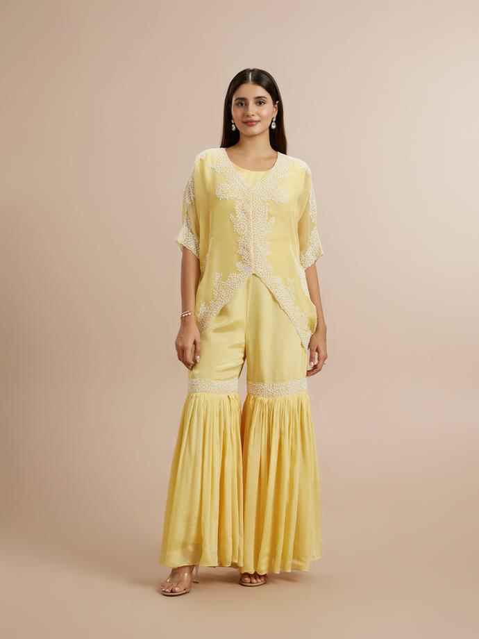 Twamev Women Grandeur Yellow Organza Stitched Suit