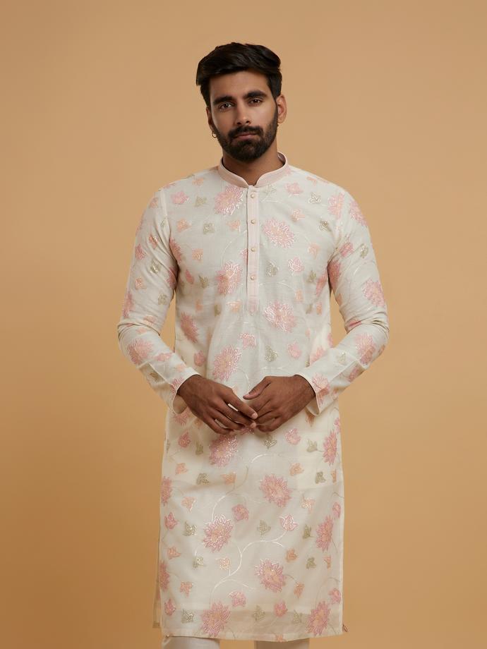 Twamev Men Elegant Cream Chanderi Kurta Pajama