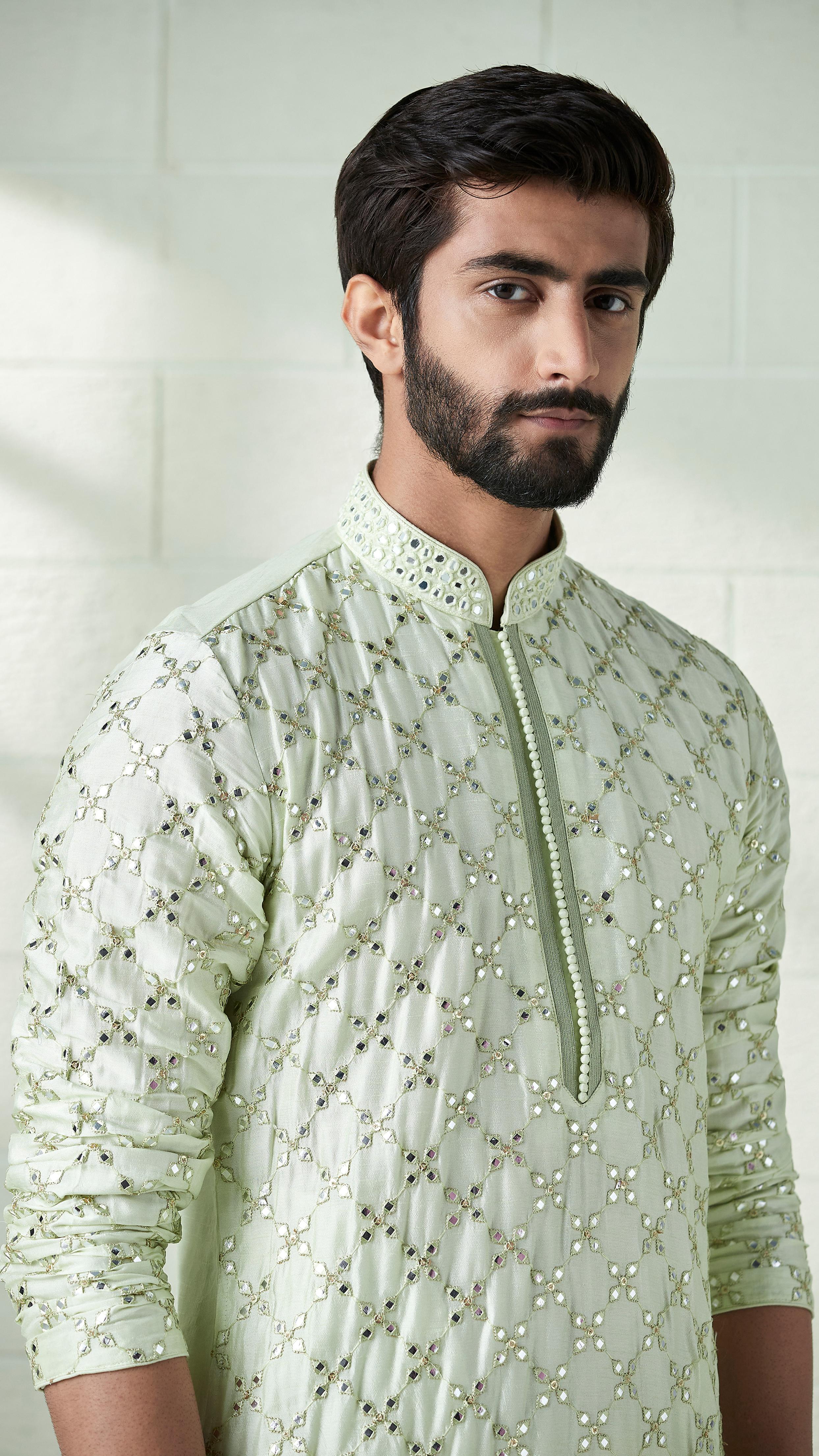 Twamev Men Mint Green Mirror Work Kurta Set