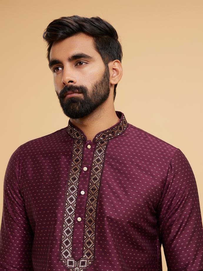 Twamev Men Glistening Wine Kurta Pajama Set