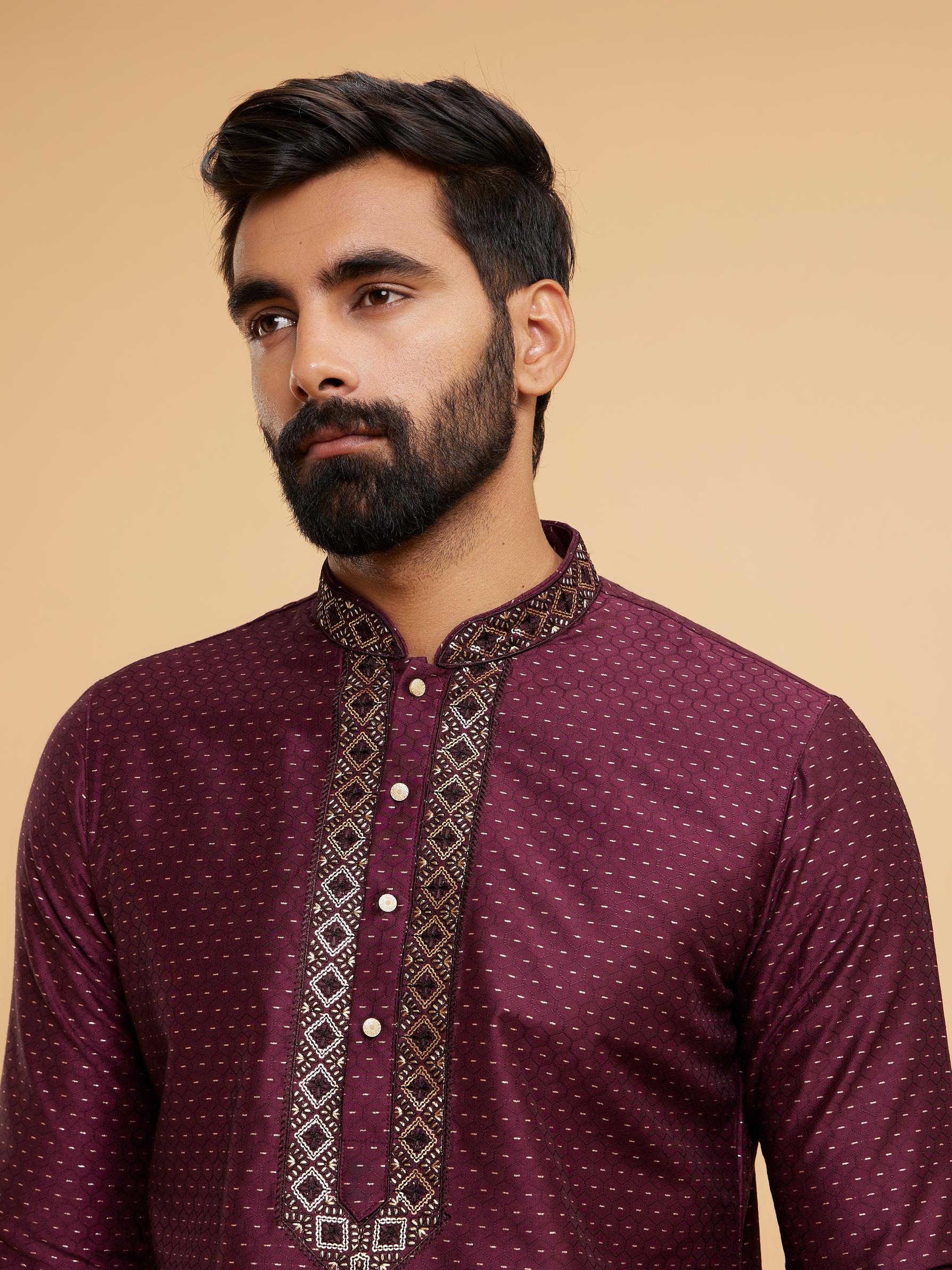 Twamev Men Glistening Wine Kurta Pajama Set