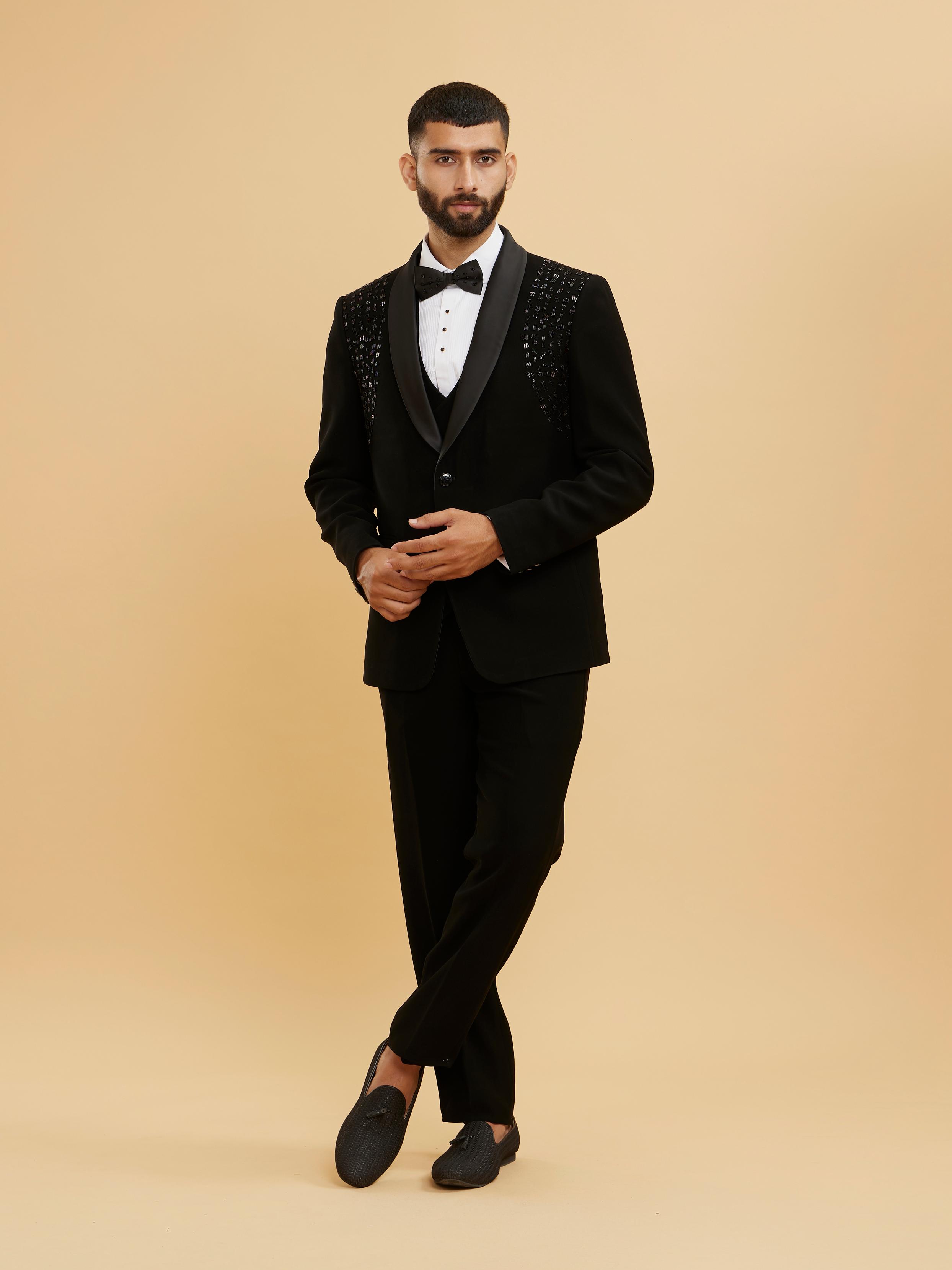 Twamev Men Midnight Black Embellished Shawl Collared Tuxedo Suit Set