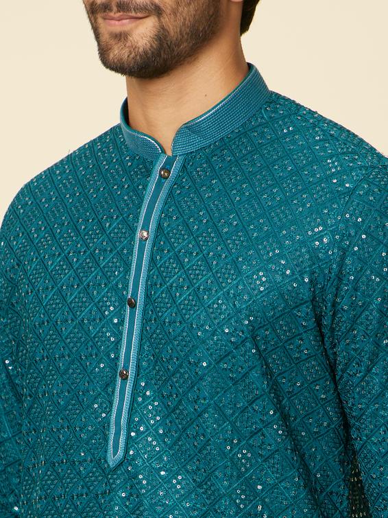 Twamev Men Teal Blue Chikankari Kurta Set