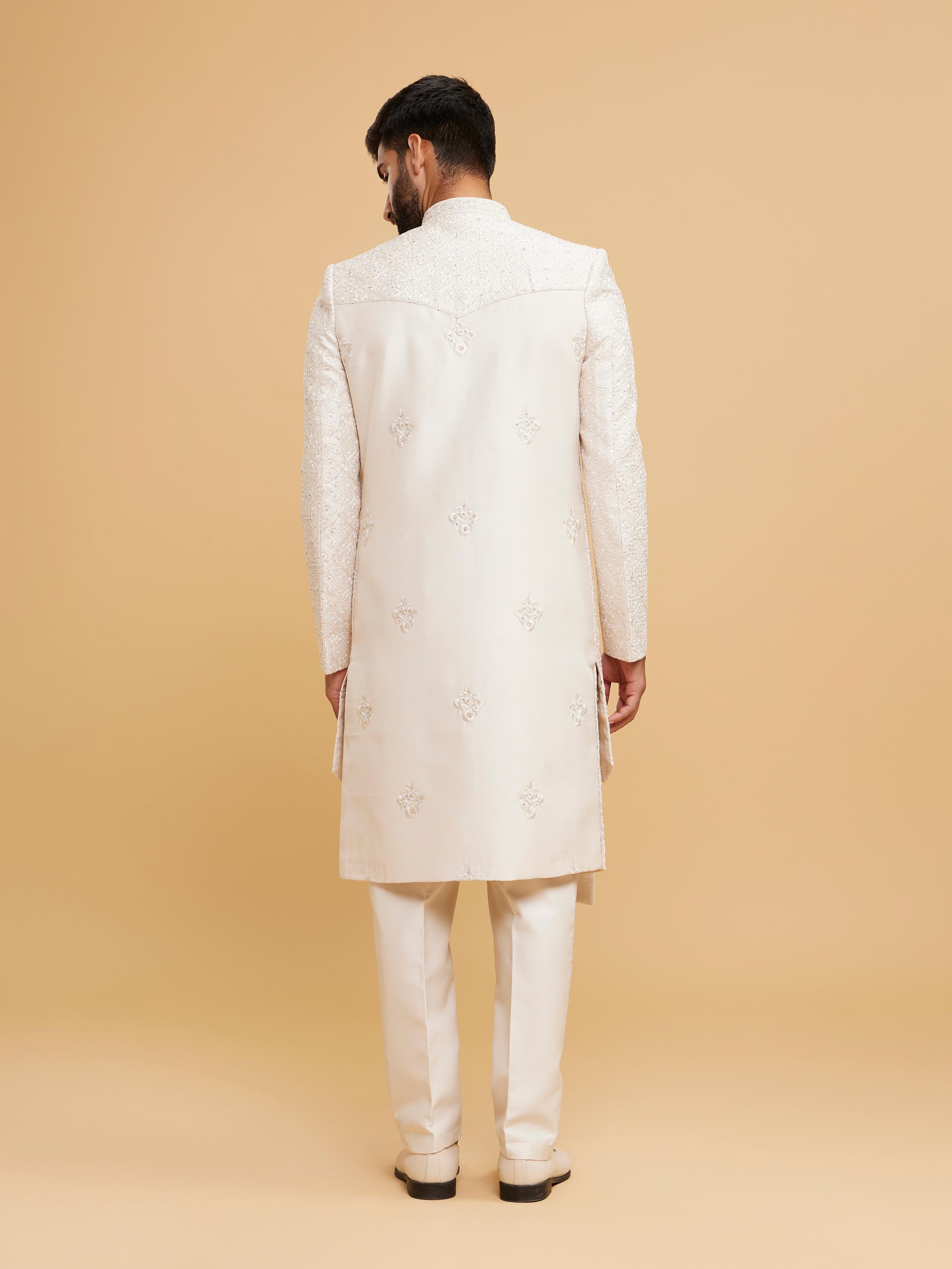 Twamev Men Elegant Cream Art Silk Sherwani Set