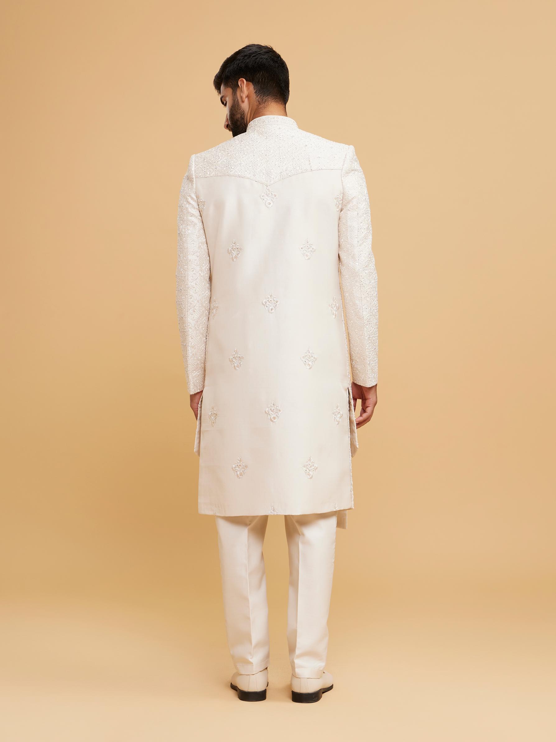 Twamev Men Elegant Cream Art Silk Sherwani Set