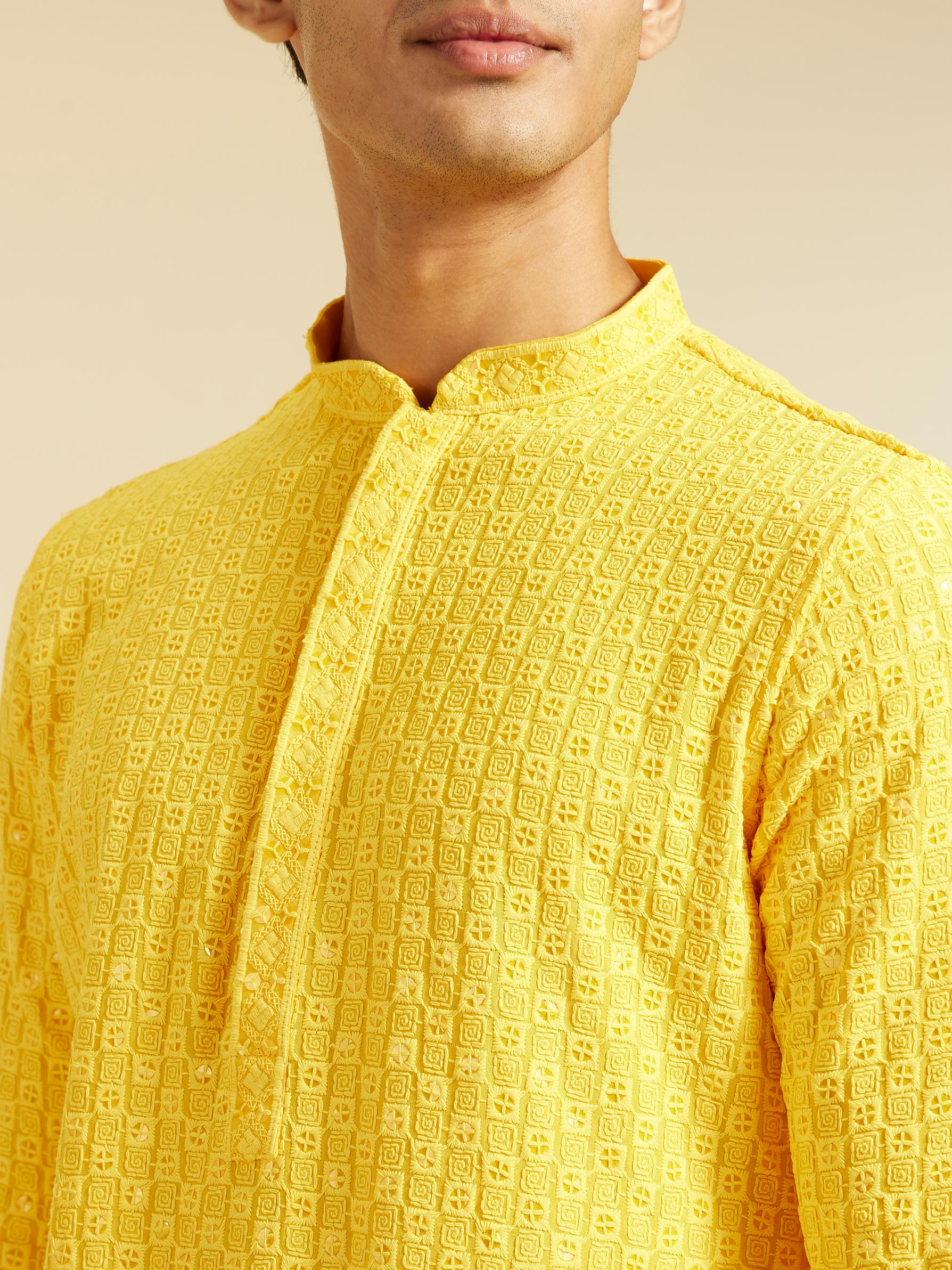 Diwas Men Sunshine Yellow Chikankari Sequinned Kurta