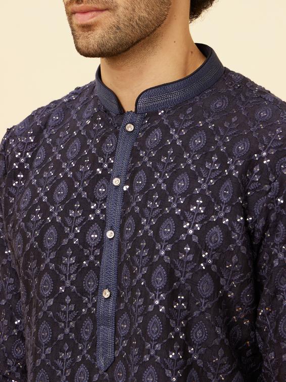 Twamev Men Navy Blue Sequined Shankh Motif Kurta Set