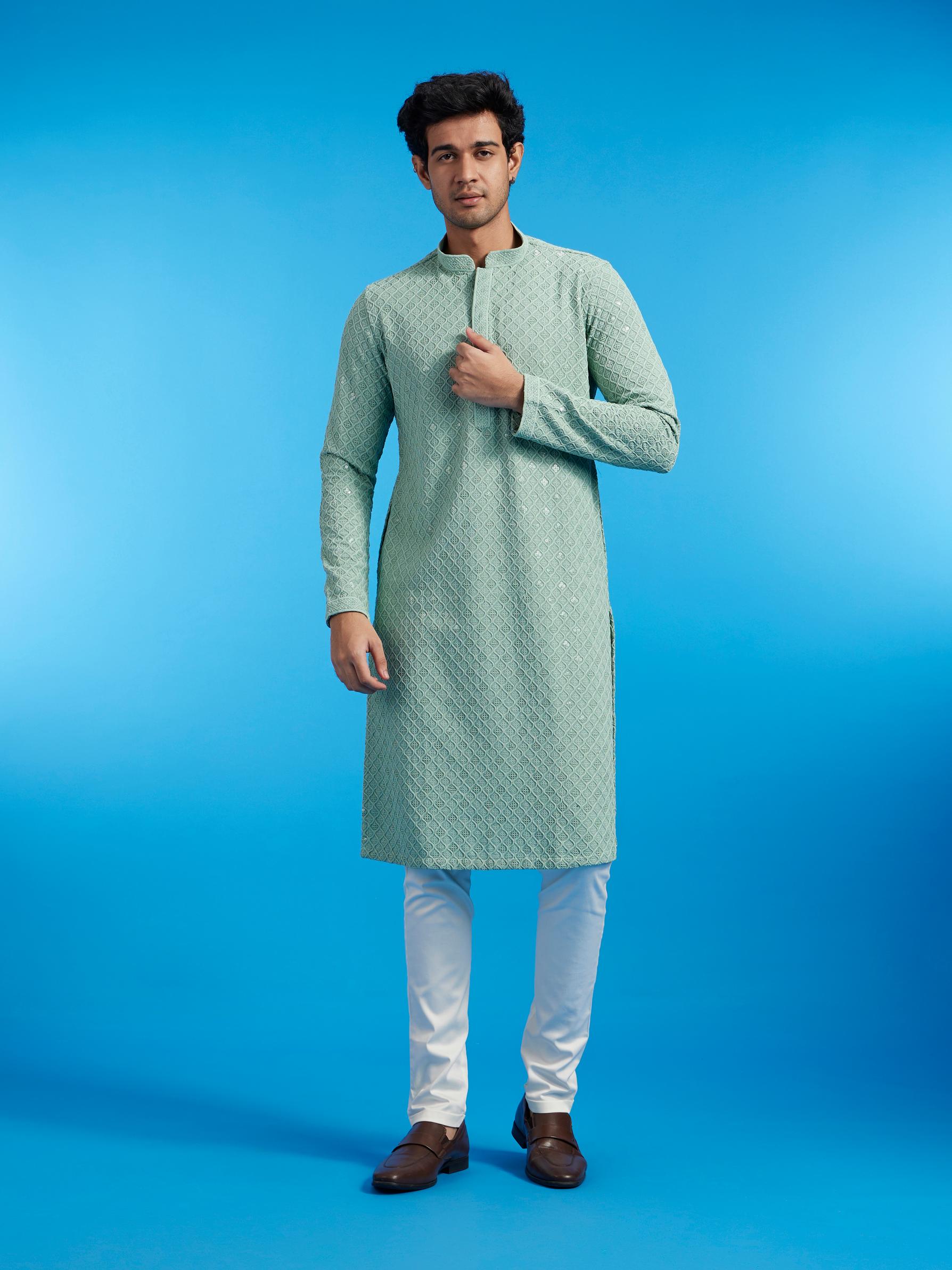Diwas Men Soft Green Chikankari Kurta With Sequins