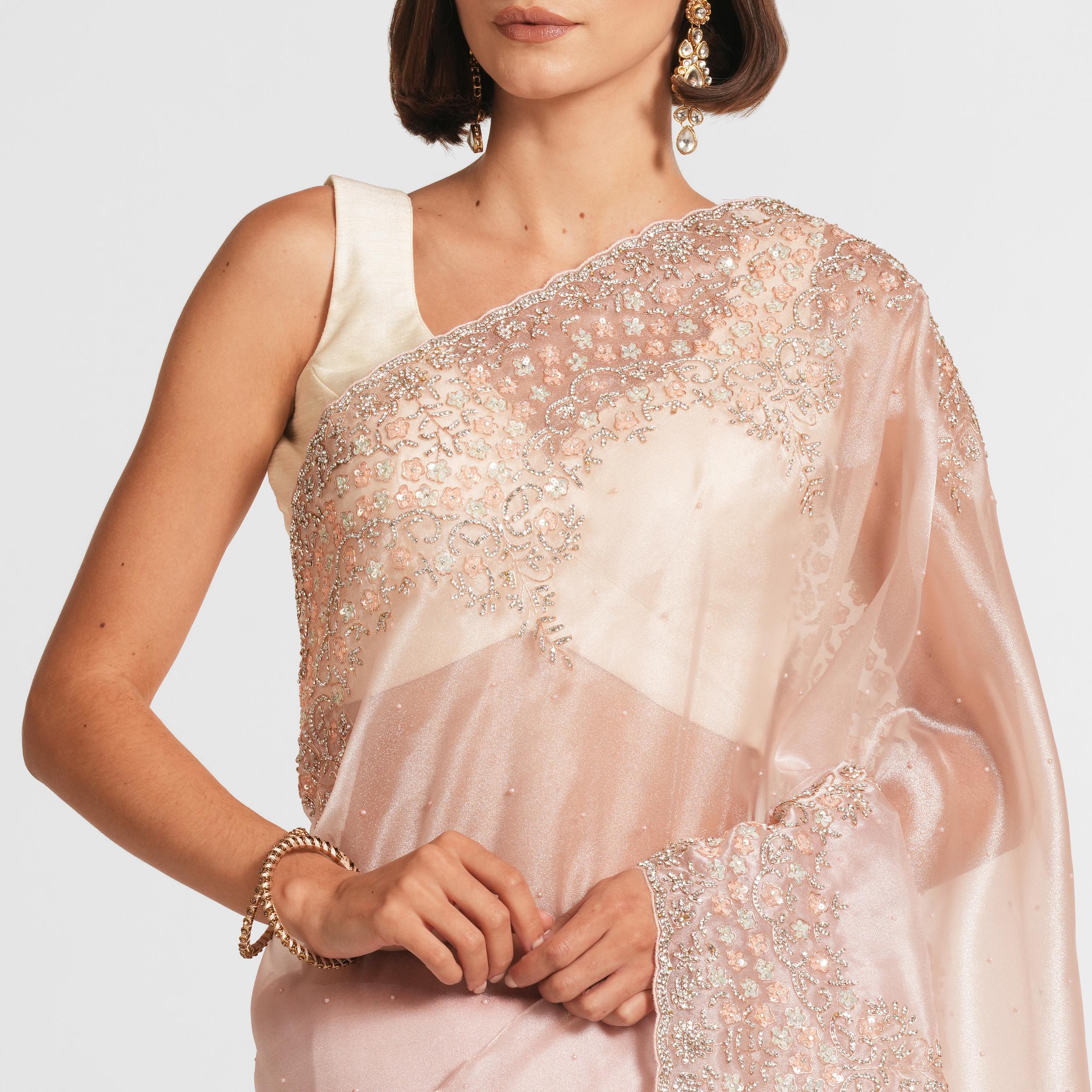 Twamev Women Elegant Dark Cream Organza Saree