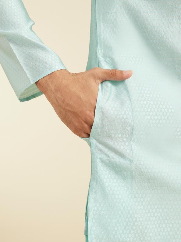 Diwas Men Aqua Green Subtle Self Patterned Kurta with Embroidered Placket