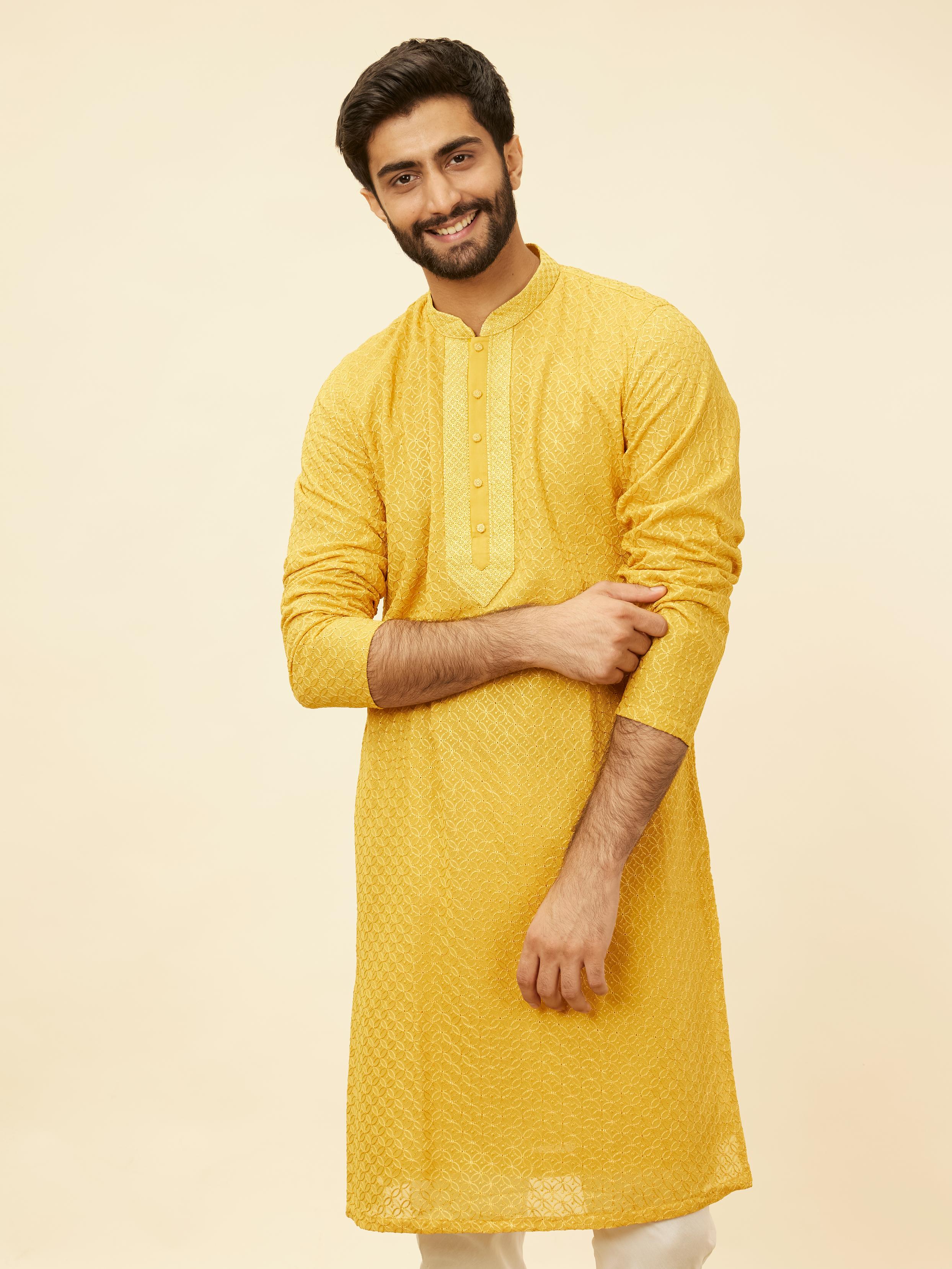 Twamev Men Gleaming Mustard Kurta Pajama Set