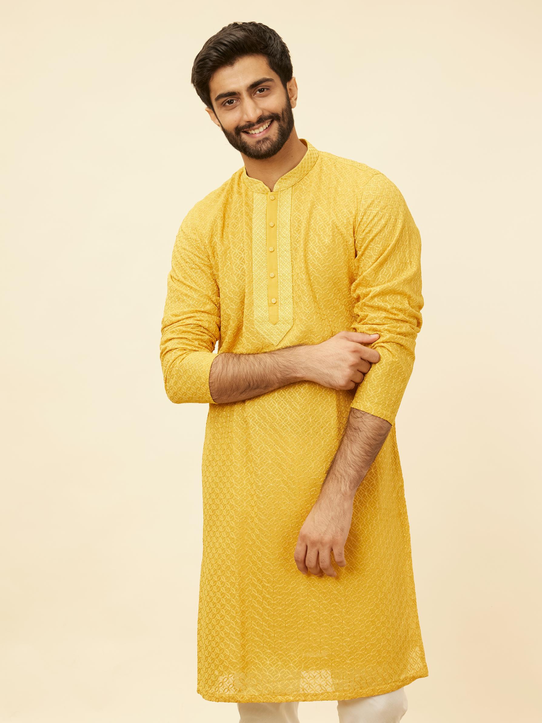 Twamev Men Gleaming Mustard Kurta Pajama Set