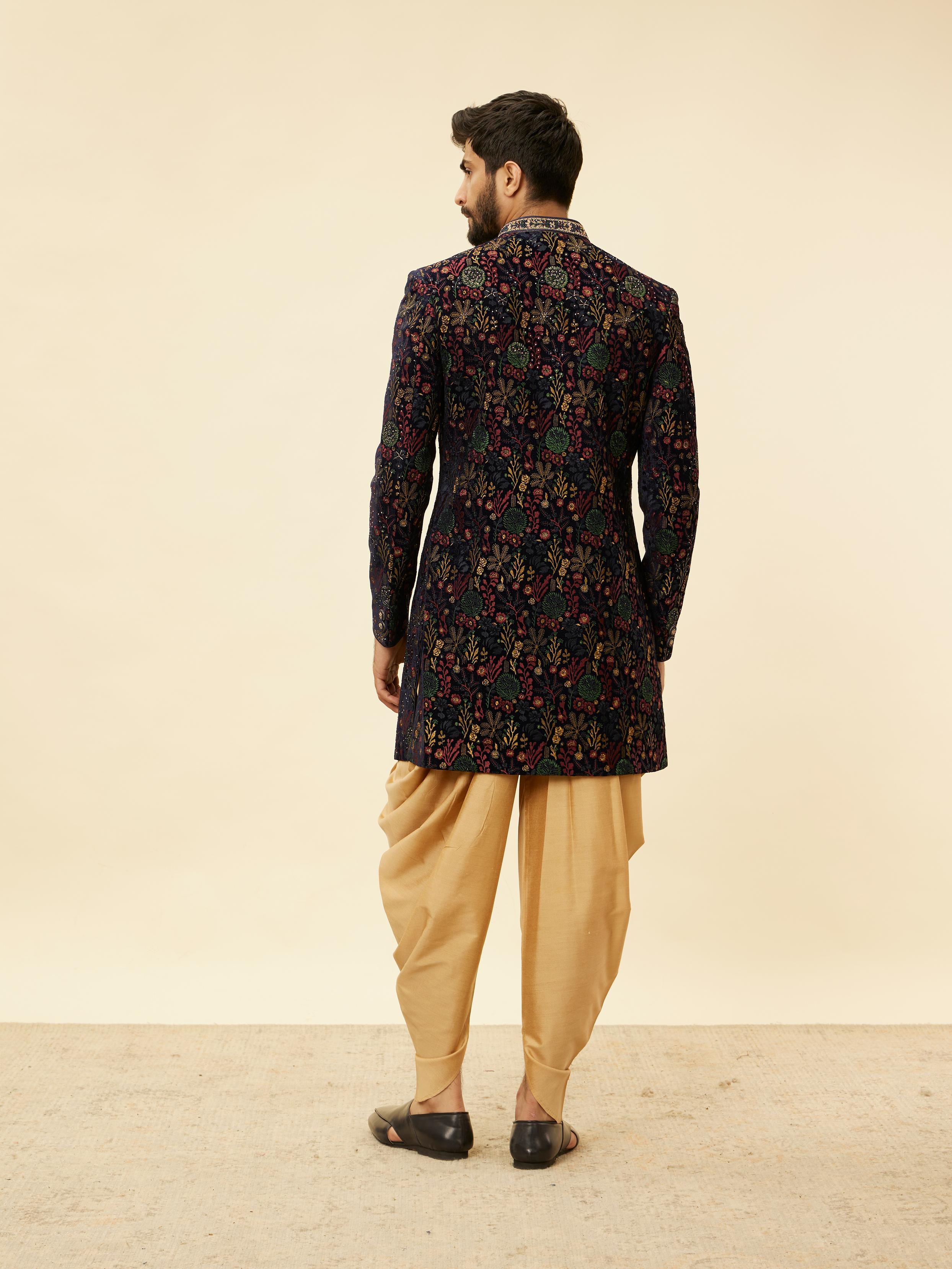Twamev Men Royal Velvet Emblazoned Blue Indo Western