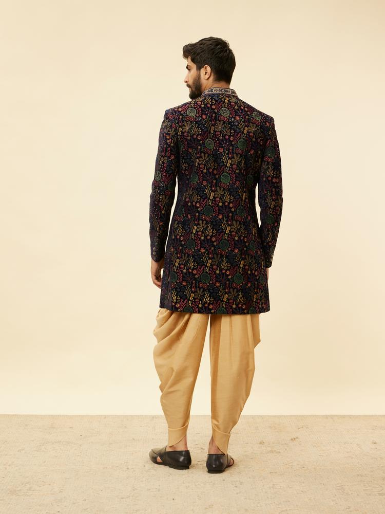 Twamev Men Royal Velvet Emblazoned Blue Indo Western