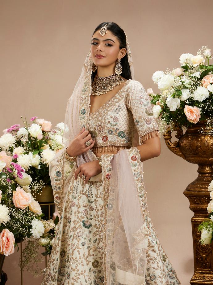 Twamev Women Cream White Bel Embroidered Lehenga with Floral Motifs, Sequin Work And Zari Work