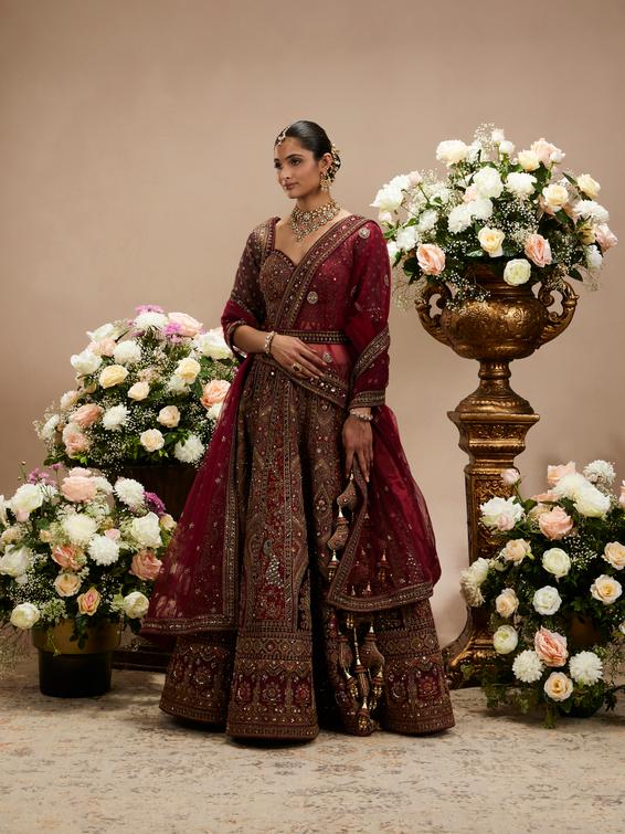 Twamev Women Maroon Red Jhallar Patterned Lehenga with Peacock And Pillow Trim Latkans