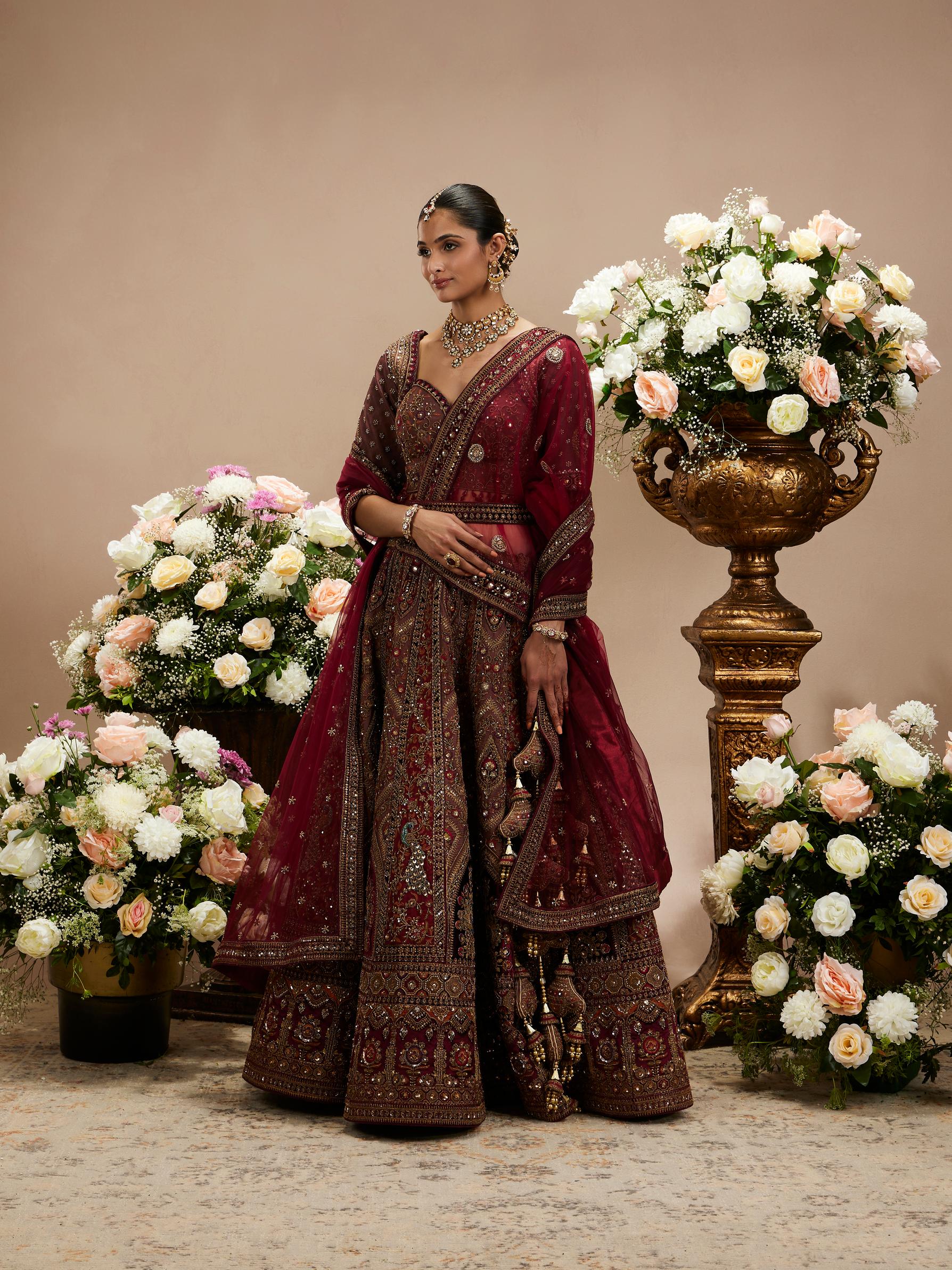 Twamev Women Maroon Red Jhallar Patterned Lehenga with Peacock And Pillow Trim Latkans