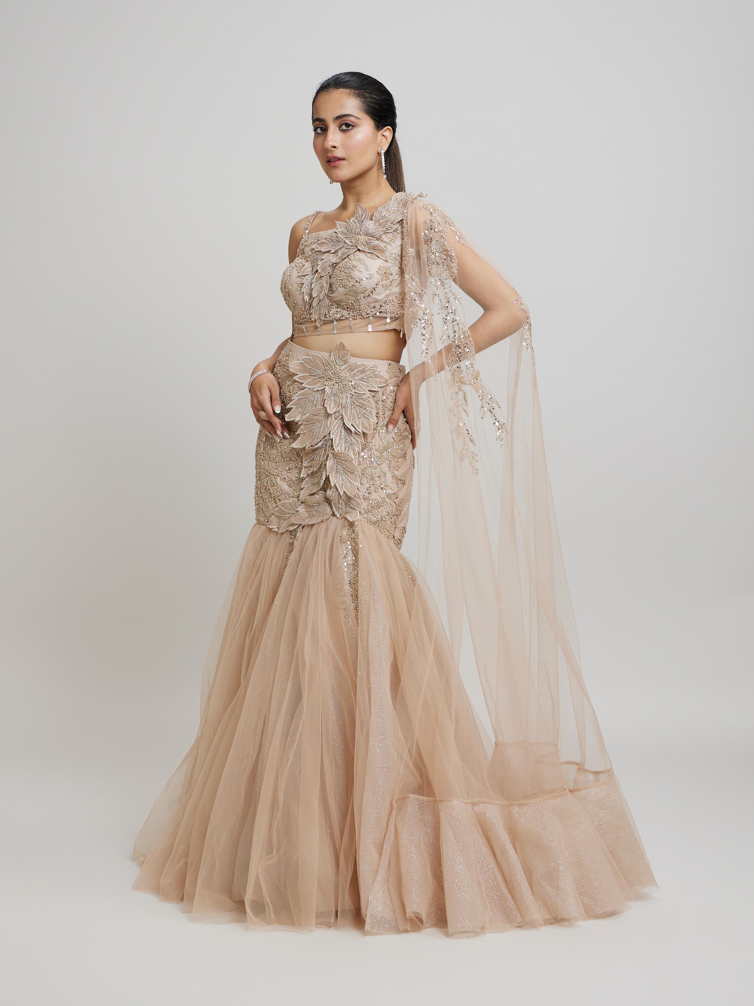 Twamev Women Beige Elegance Net Lehenga