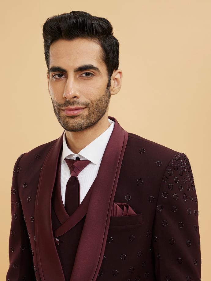 Twamev Men Wine Red Shawl Collared Tuxedo Suit Set with Embroidery