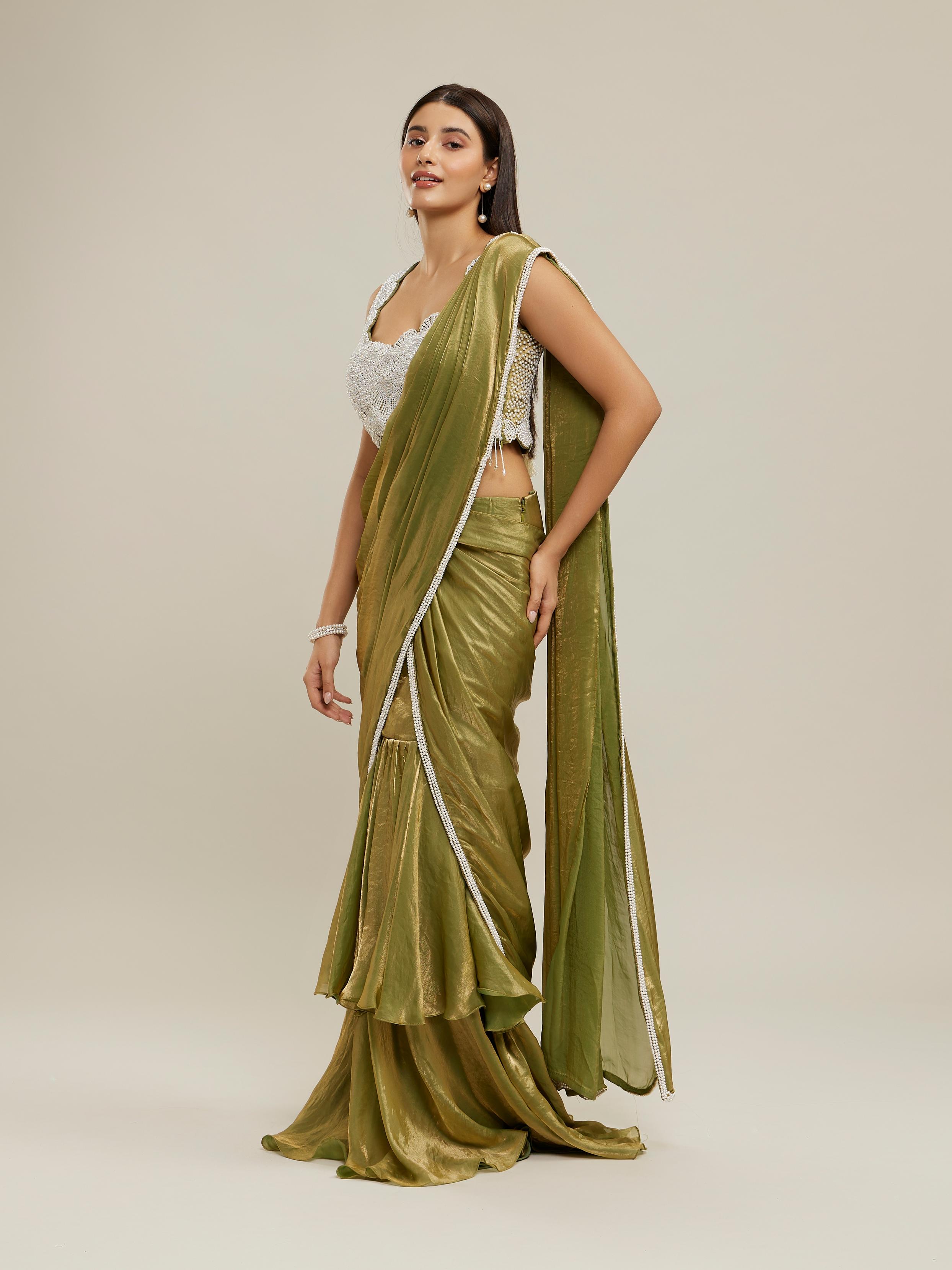 Twamev Women Majestic Mehandi Green Tissue Saree